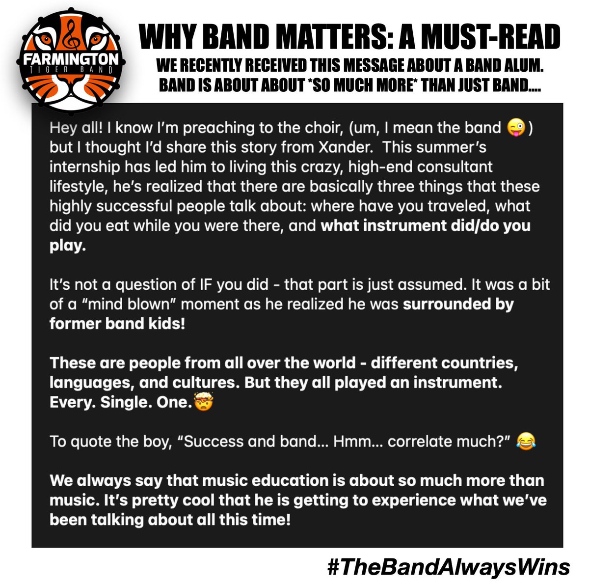 FHSTigerBand1's tweet photo. The skills we teach are about so much MORE than just music. Playing an instrument fosters teamwork, creativity, &amp; dedication. MUSIC MATTERS!
#TheBandAlwaysWins #MicDrop #BandMatters #MusicMatters #MusicConnectsUs #BandFamily #WeAre192 #T1GERPRIDE #PlayOn https://t.co/6U6wODsniu