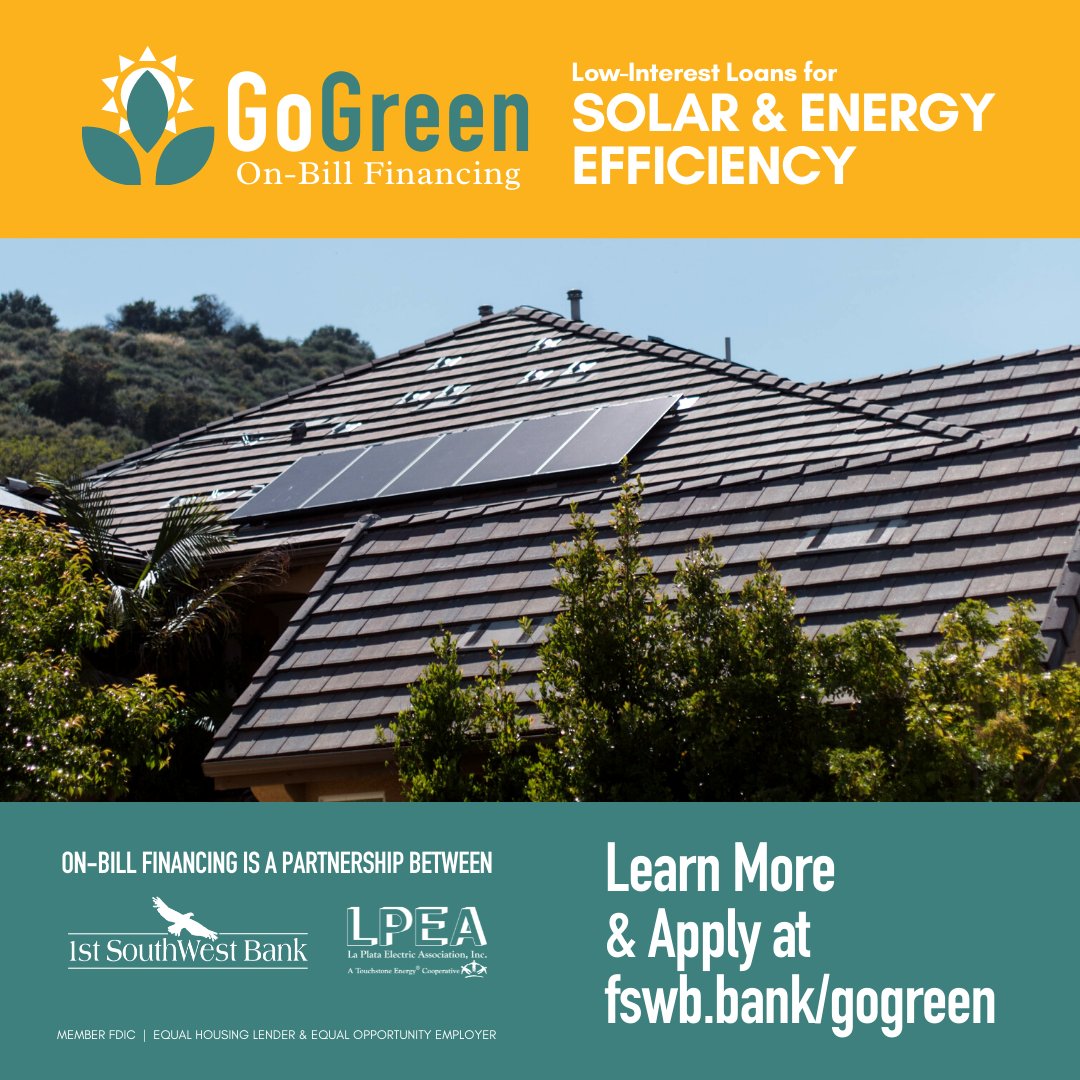 1stSWBank's tweet photo. Learn more about our @LaPlataElectric GoGreen On-Bill Financing! See our website for how it works, which projects are eligible, and how much you can apply for!
https://t.co/D4ggOE1a59

#CDFI #FDIC #banklocally #Localbank #locallyowned #communitybank #gogreen #supportsolar https://t.co/1FnE0gL03S