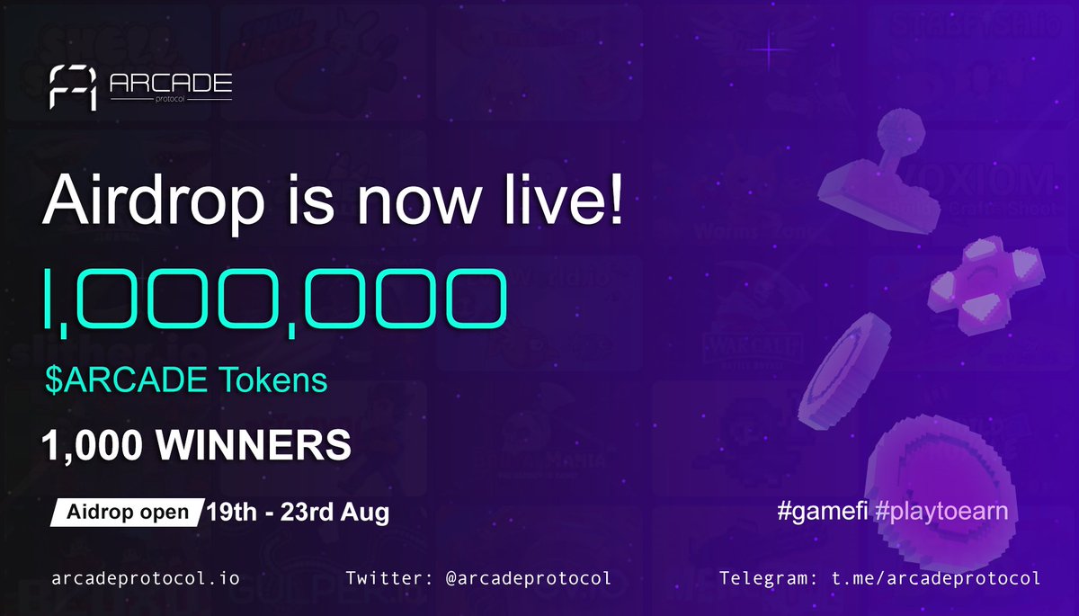 ‼️ It's time for an Airdrop ‼️

Get your hands on free $ARCADE tokens.

Tasks:

✅ Follow <a href="/arcadeprotocol/">Arcade Protocol 🕹</a> 
✅ Retweet this post and tag 3 mates
✅ Join our telegrams t.me/arcadeprotocol &amp; t.me/arcadeprotocol…

forms.gle/acZRfGGkDxP7Rc…

#AirdropCrypto #BSCGems #BSC #Solana
