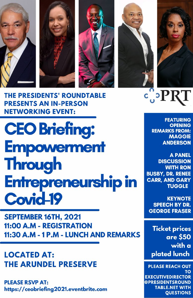 Every CEO and every business has been impacted by COVID-19. Join me, <a href="/usblackchambers/">U.S. Black Chambers, Inc. (USBC)</a> President Ron Busby, Maggie Anderson author of <a href="/OurBlackYear/">Maggie Anderson, JD, MBA, Author "Our Black Year"</a>, Dr. George C. Fraser <a href="/drgeorgecfraser/">Dr. George C. Fraser</a> &amp; Gary Tuggle, MBA for The Presidents' Roundtable CEO Briefing  9/16 eventbrite.com/e/the-presiden…