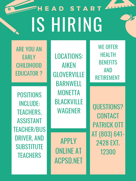 AikenPublicSch's tweet image. Head Start is hiring! If you're looking for a position as an Early Childhood Educator, Assistant, Bus Driver, or Substitute Teacher in Aiken, Barnwell, Blackville, Gloverville, Monetta, or Wagener please apply at acpsd.tedk12.com/hire/index.aspx!