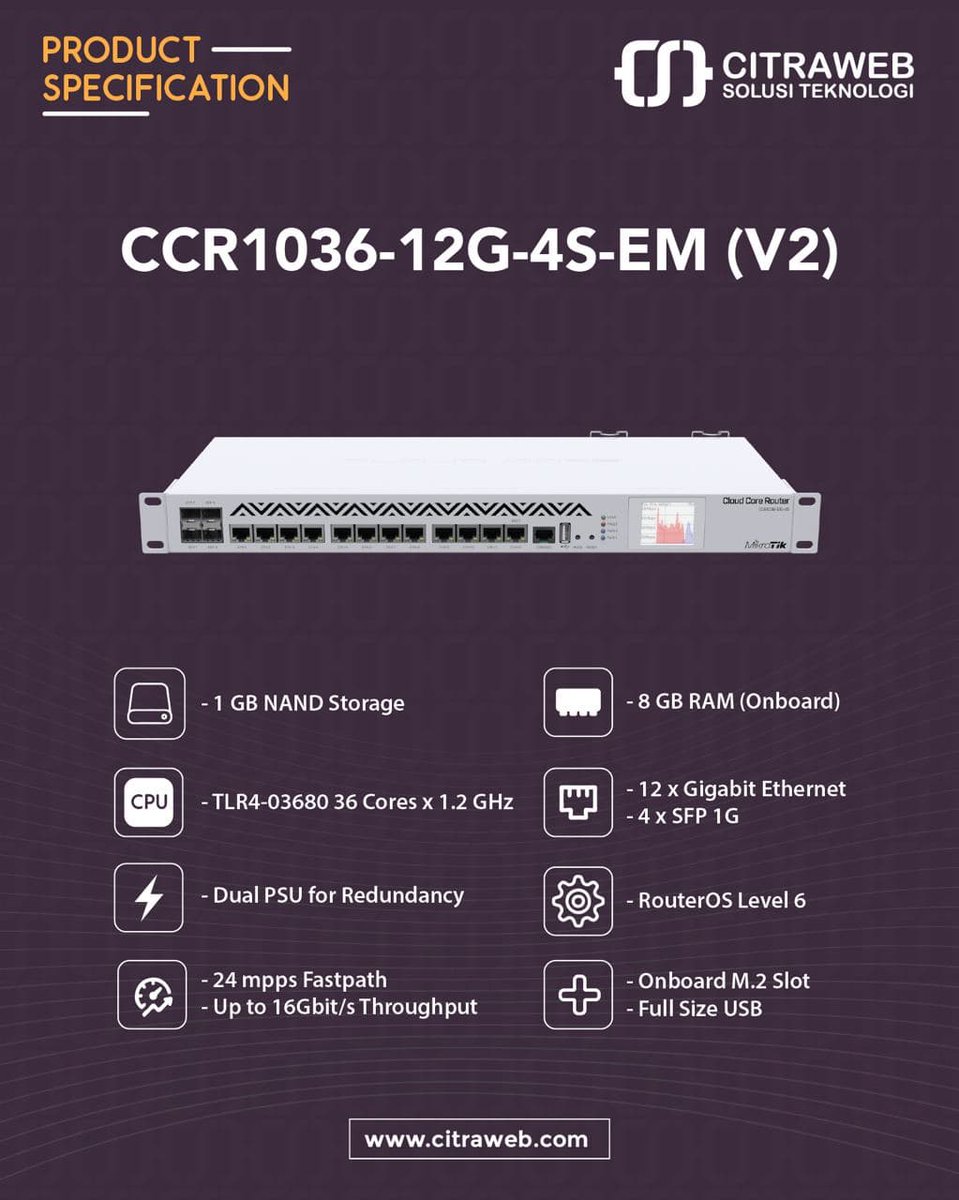 mikrotik_id's tweet image. Tertarik untuk memiliki perangkat CCR1036-12G-4S-EM (V2)?
Segera lakukan pembelian melalui:
citraweb.com/produk_lihat.p…

Spesifikasi lengkap:
i.mt.lv/cdn/product_fi…

#CloudCoreRouter #CCR1036 #RouterIndoor #RouterServer #Routerboard #RouterOS #MikroTik #Citraweb