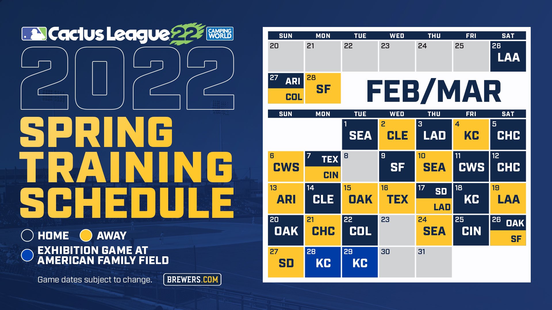 Milwaukee Brewers On Twitter: "The Spring Training Schedule Is Here 🌵  Check It Out Below And Make Plans To Cheer On The Cactus Crew In 2022!  Https://T.co/Azvxwvs8Bt Https://T.co/Vhs5Nyrjfg" / Twitter