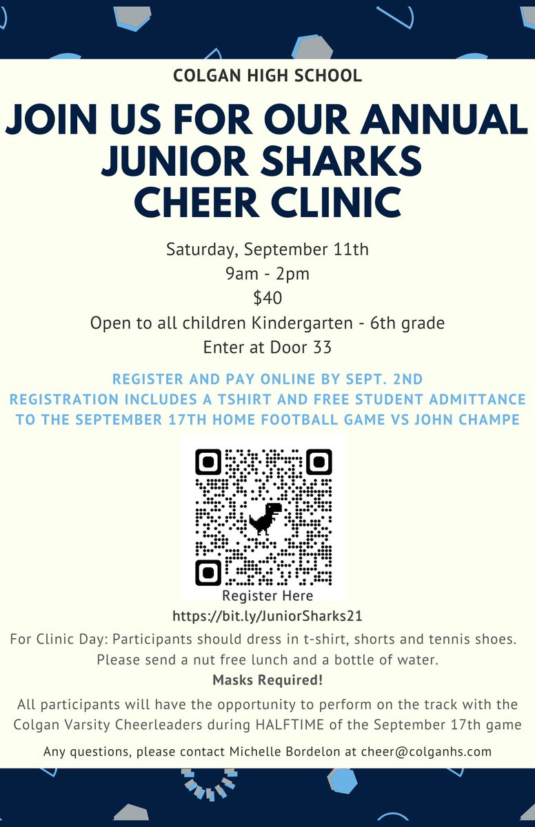 It’s that time again!!! Join us for our Annual Junior Sharks Cheer Clinic! #colgancheer #gosharks bit.ly/JuniorSharks21