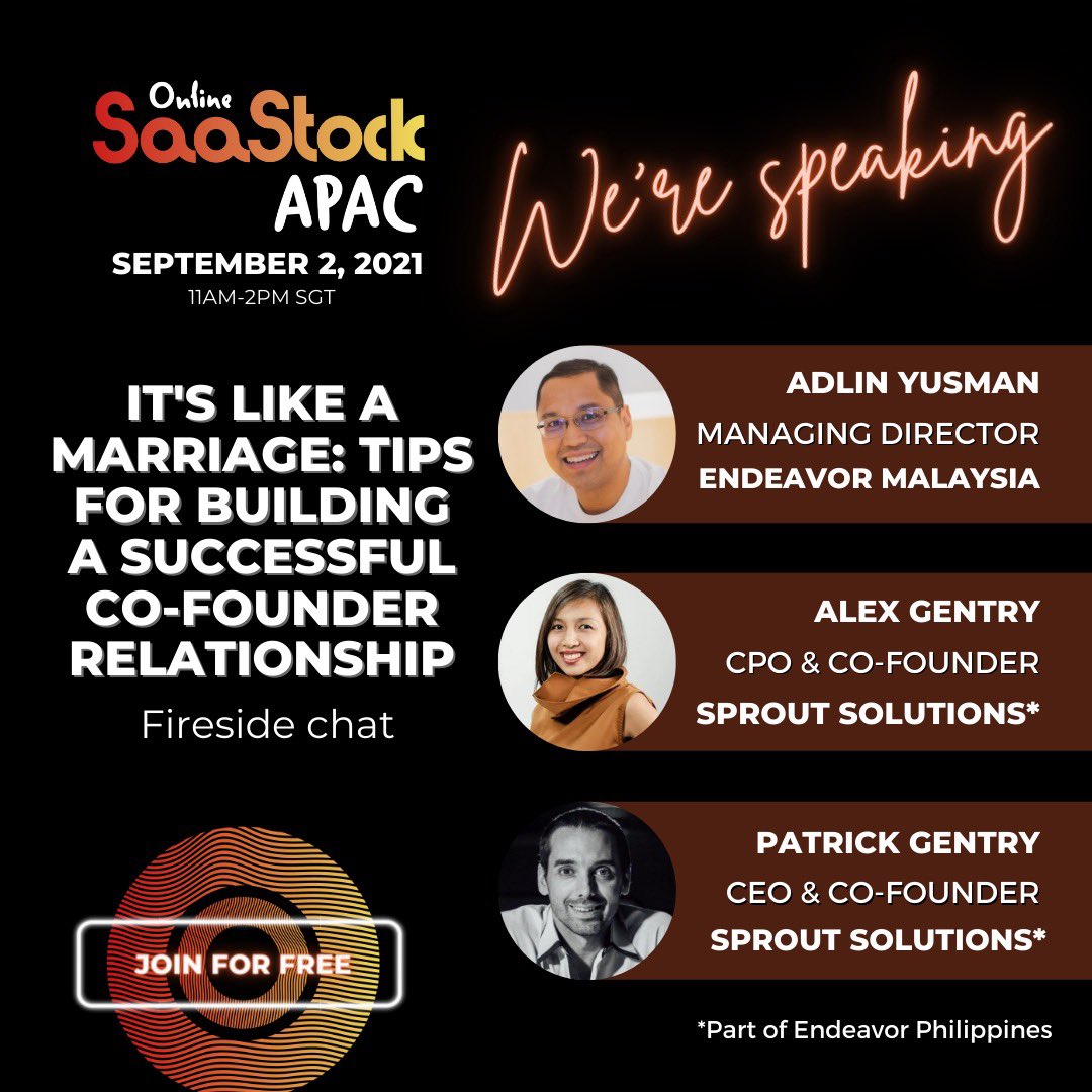Hear from local leaders such as Anna Gong (Perx), Krish Subramanian (Chargebee), as well as Adlin Yusman (Endeavor Malaysia), Patrick Alex Gentry (Sprout Solutions) from the Endeavor Philippines network at <a href="/SaaStock/">SaaStock</a> APAC online conference!

Register here: hopin.com/events/saastoc…