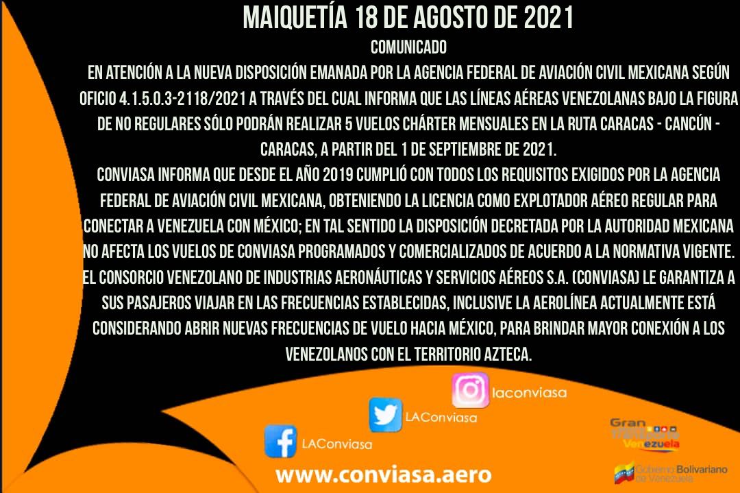 Conviasa ratifica que mantiene operativa la ruta Cancún-Caracas