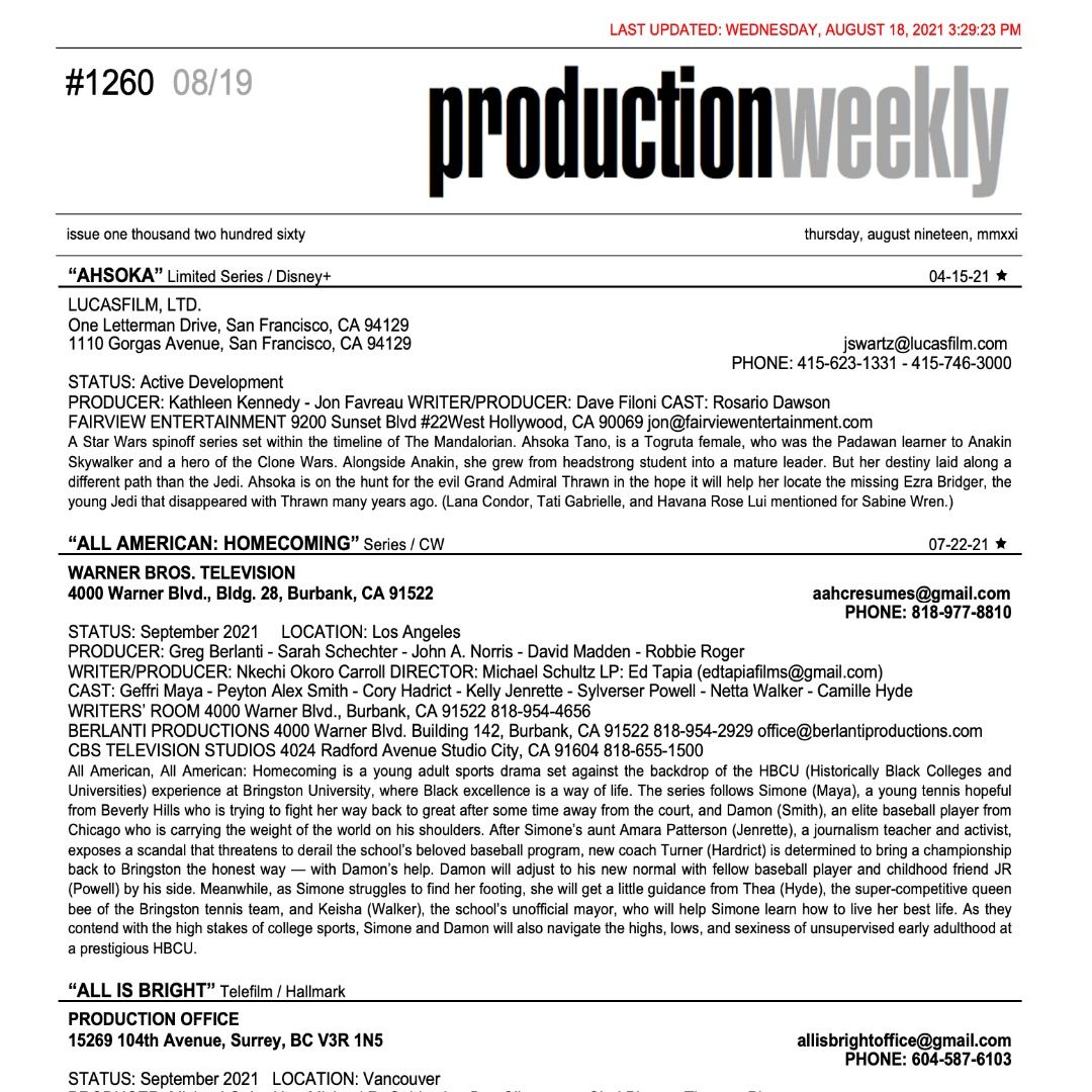 #RT <a href="/prodweek/">Production Weekly</a>: Production Weekly - Issue 1260 - Thursday, August 19, 2021 / 152 Listings - 35 Pages - Production Weekly buff.ly/2XIkNzT