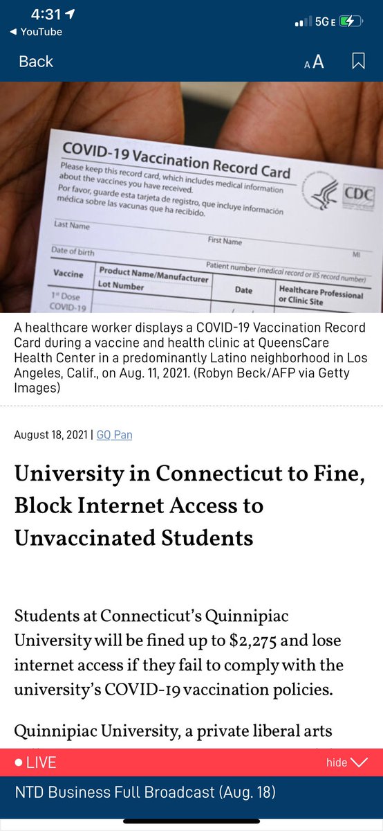 The University of Connecticut is going to fine and block internet access to students that do not get the vaccine. If you do not understand that there is something purely evil involved right now in terms of these vaccines you will never understand. It will NEVER enter my arm.