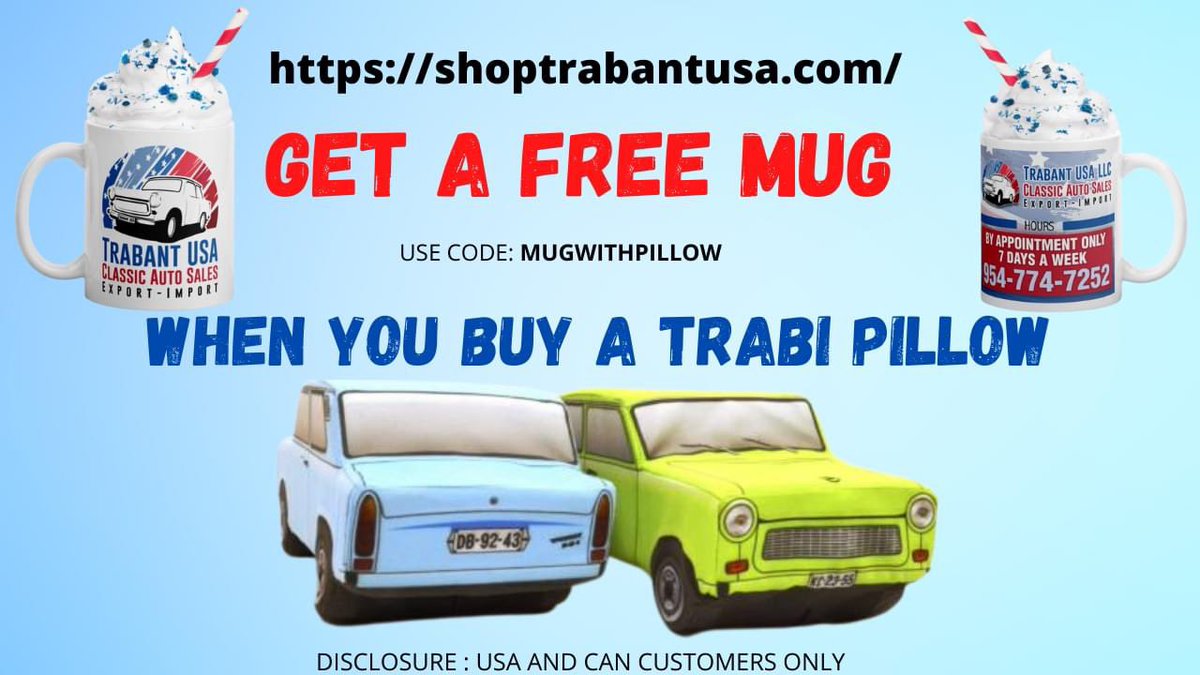 trabant_usa's tweet photo. Get a FREE mug when you buy a Trabant pillow. 

Click on the link to activate the discount.
https://t.co/PIpX40f3JV…

#trabantusa #trabant #trabantmug https://t.co/zZh9QxbSX6