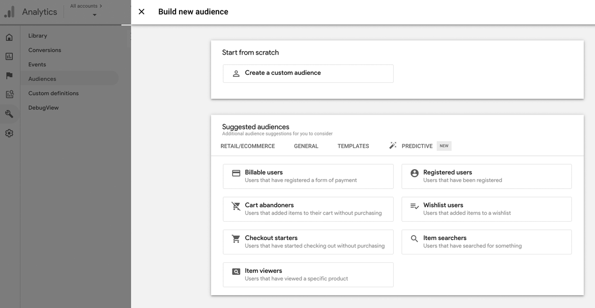 googleanalytics's tweet photo. Suggested Audiences in Google Analytics 4

Analytics displays a number of preconfigured suggested audiences you can use that are based on the recommended events for that category. 

Learn more: https://t.co/wGfU9lO7Mk #measure https://t.co/8usjNQwODp