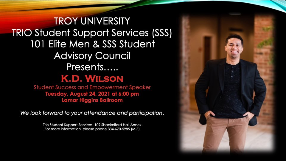 TroyMain_SSS's tweet photo. Join us on August 24th to welcome Motivational Speaker, KD Wilson. This event WILL count towards a cultural enrichment fulfillment for Trio Students. We can’t wait to see you there ❤️🖤 https://t.co/epUEDxabnO