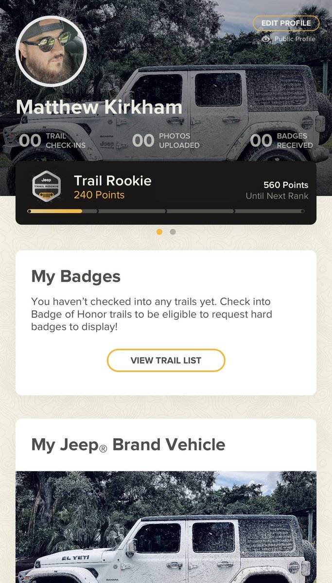 Oh man…I’m so excited to start this! Anyone down for some road trips 😎 if you have this app where are you on the leaderboard? #jeep #jeeptrails #jeepbadge #jeeplife #jeeper #soflojeep #elyeti #4x4 #offroad #offroading #gonnabefun #jeepin
