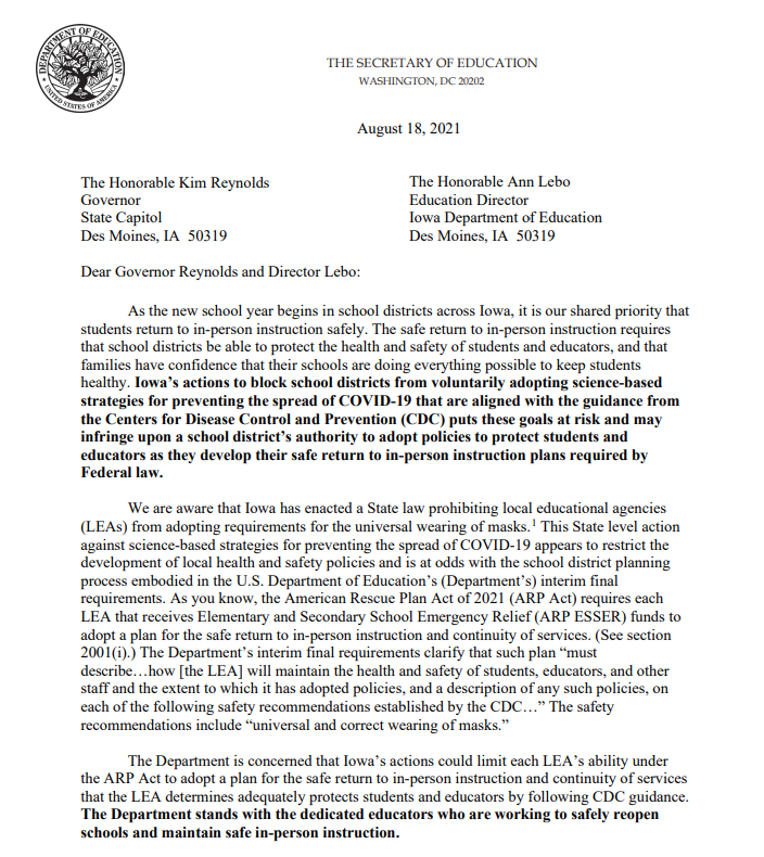 iowasnewsnow's tweet photo. UPDATE: We've obtained the letter the Education Secretary Miguel Cardona sent Gov. Kim Reynolds today. https://t.co/tXVLLltJM4