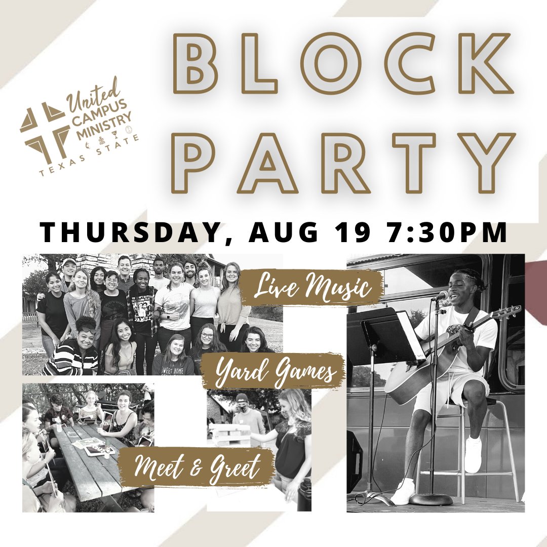 ucmtxstate's tweet photo. #TXST25 THURSDAY 7:30PM 
Join us for the @ucmtxstate Block Party (right next to campus) featuring yard games, live music by @dj_bartly, chalk the block art, and a UCM open house!  

Grab your free tickets here: https://t.co/H1cSOGzdob

#txst #BlessEmUpCats https://t.co/6Z4opUp1g4