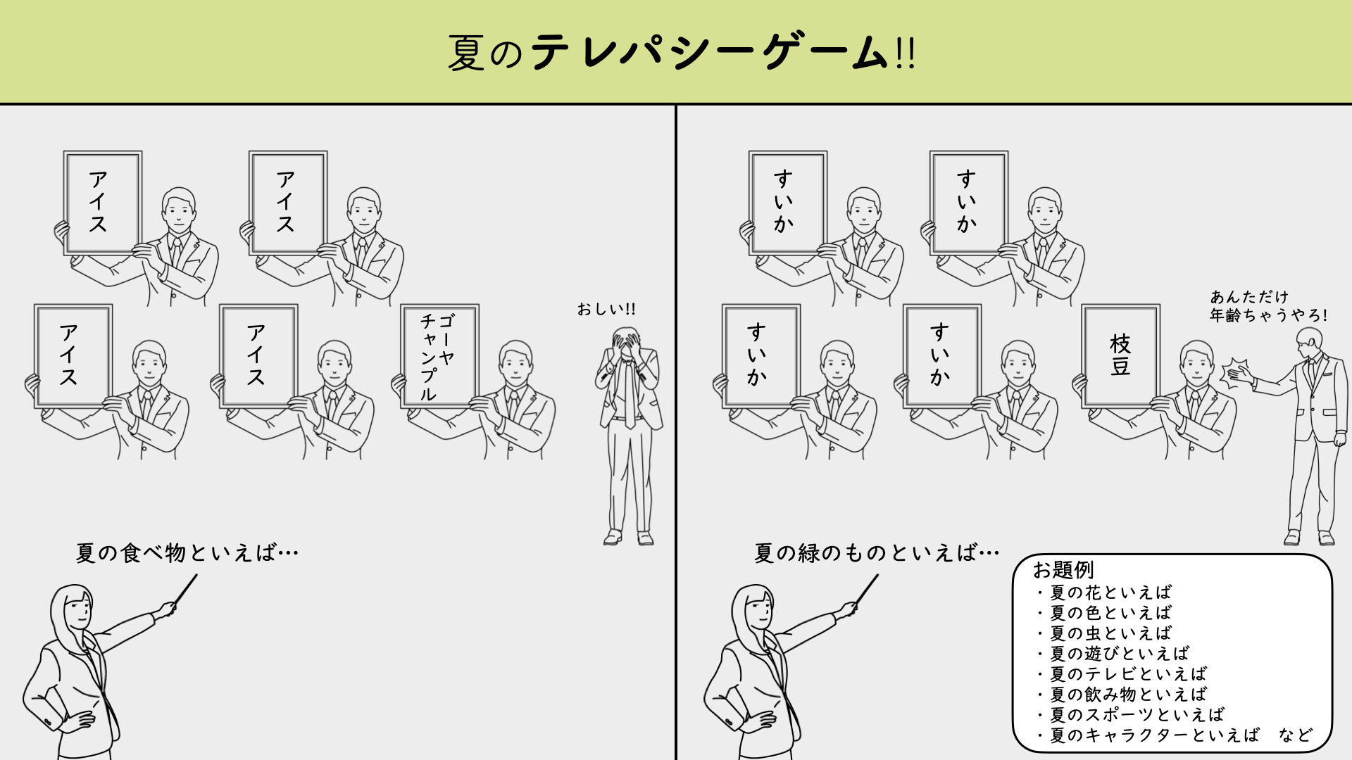 サンバ先生 明日使える教育実践 2学期学級開きで使えるネタ 夏のテレパシーゲーム 紙か情報端末 お題を出す 例 夏の緑のものといえば ペア グループ が書きそうなものを予想して書く せーの で見せ 同じならポイントゲット ペア