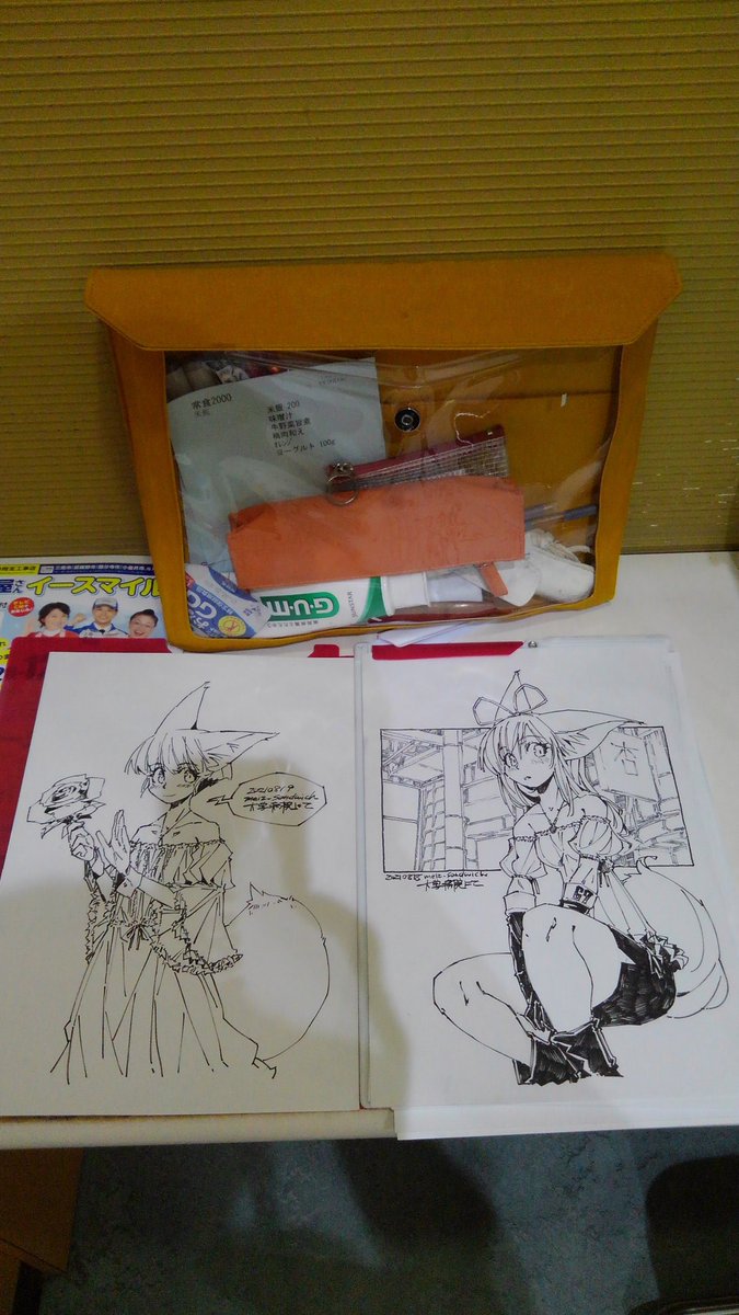 検査入院してきた。右の絵の背景と、左の絵は、体にセンサーをつけた後のため、逆手で描いたものですが、見れなくはないですね。本や画材を沢山持って行ったけど、あまり大したことは出来ませんでした。#落書き #狐娘 #入院 