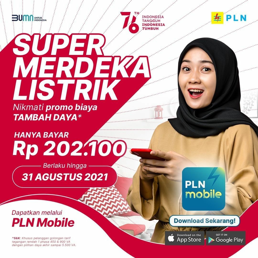 pln_ntt's tweet photo. SUPER MERDEKA LISTRIK!
Dalam memperingati HUT Kemerdekaan Republik Indonesia ke-76, PLN Mobile punya promo spesial nih Electrizen!

Nikmati mudah dan hematnya biaya tambah daya dengan aplikasi PLN Mobile, hanya Rp 202.100 saja!

#SemuaMakinMudah #PLNMobile #SuperMerdekaListrik https://t.co/3fPXEZdAc6