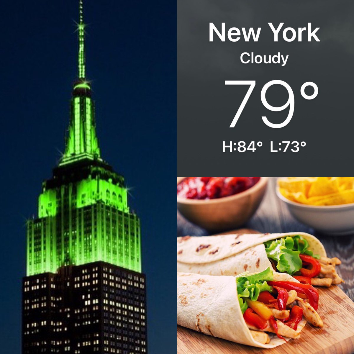 CorinnePulitzer's tweet photo. It’s a humid night in #NYC rain in the forecast  tonight.The #EmpireStateBuilding is lit in bright Green in honor of the #PGATours #NorthernTrustTournament  as #Foods are wrapping up the day celebrating #NationalFajitaDay @EmpireStateBldg @NY1weather @NationalDayCal @PGATOUR https://t.co/JoiSCFierM