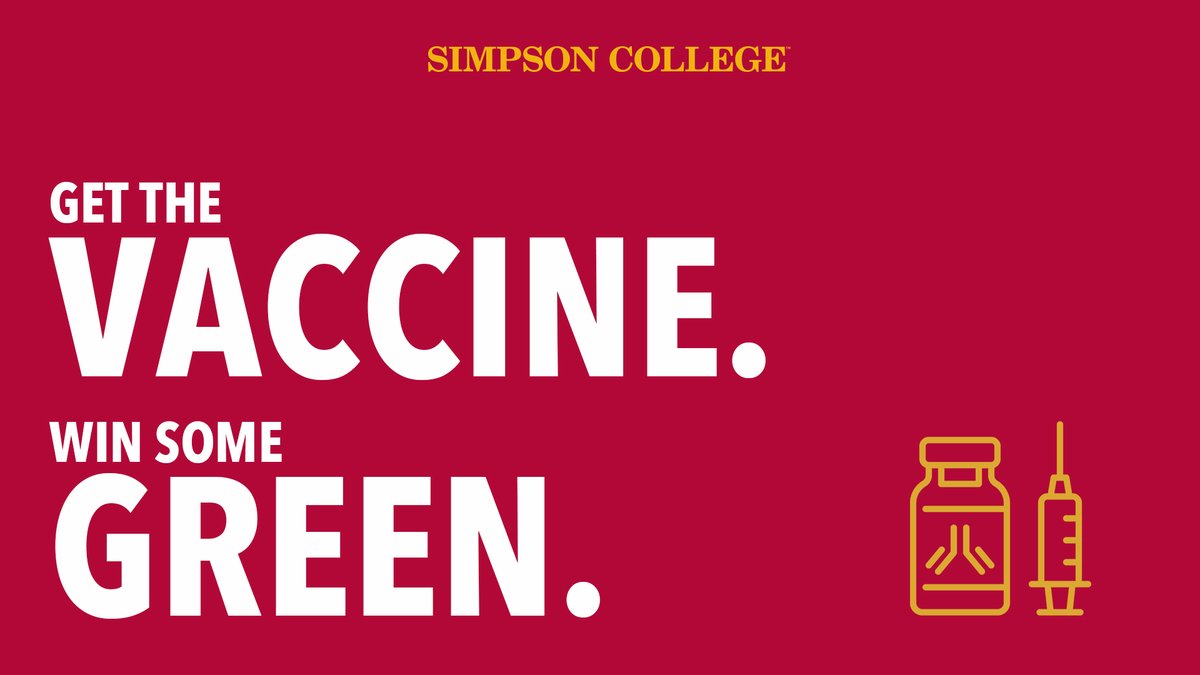 SimpsonCollege's tweet image. Hey, #ONESimpson students – did you know you can win $200, just for being vaccinated? It's true. Just email a photo of your vaccine card to Health Services – or present it in person – and you'll be eligible to win a $200 cash prize. 

Learn more at simpson.edu/covid19.