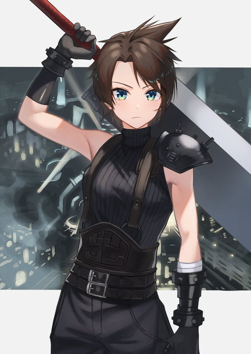 cloud strife weapon buster sword gloves short hair solo sword 1girl  illustration images