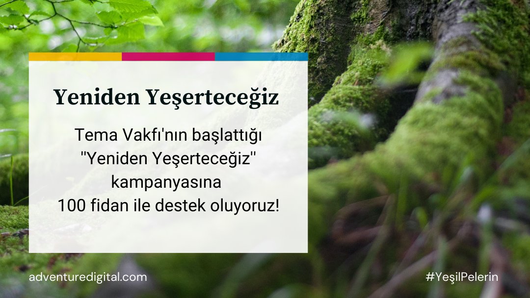Tema Vakfı'nın başlattığı ''Yeniden Yeşerteceğiz'' kampanyasına 100 fidan ile destek oluyoruz! 
Daha mutlu, daha iyi bir dünya için..
#YeşilPelerin #temavakfı #adventuredigital #yenidenyesertecegiz