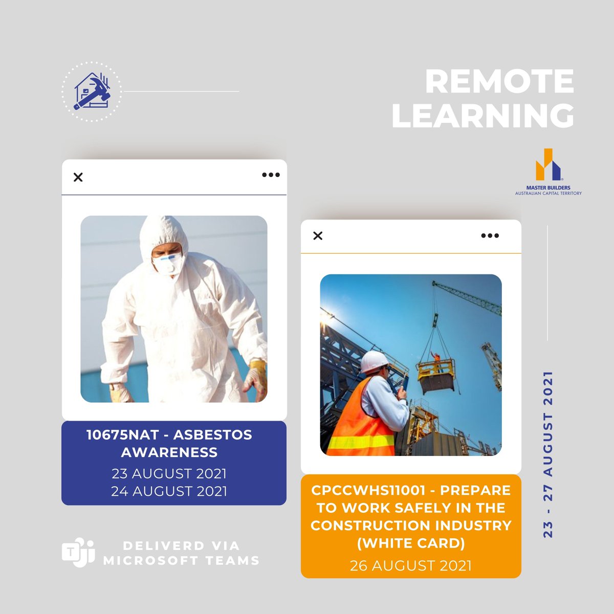 MBA_Canberra's tweet photo. Master Builders ACT is offering Asbestos Awareness Training and White Card Training Remotely next week. If you are interested in competing your Short Course training, please view the link https://t.co/hSPIVOU1Eb to sign up for these courses. https://t.co/yNpBzLbZiV