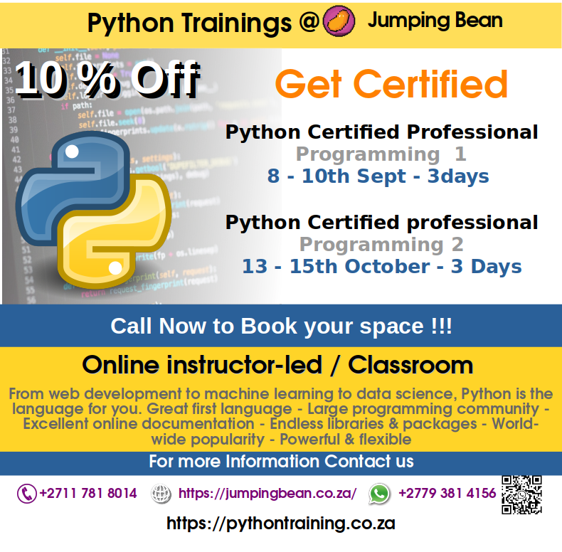 jumpingbeansa's tweet image. Python Training👨🎓 10% OFF.
pythontraining.co.za
Call ☎️+27 11 781 8014
Come one Come All🎓🎓🎓 we maintain social distancing .email📧:support@jumpingbean.co.za
#PythonCertificationTraining #PythonProgrammer #pythontrining #python