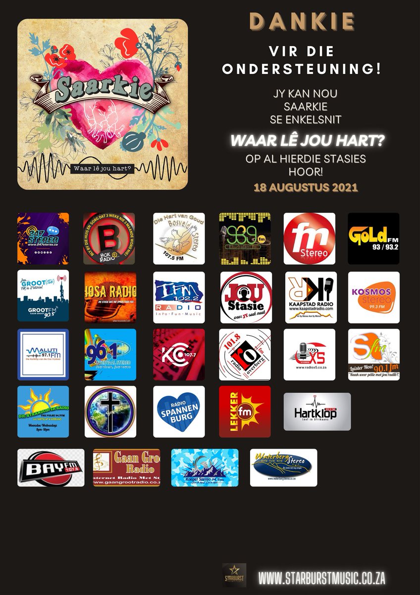Die wag vir <a href="/SaarkieBand/">SAARKIE</a> se nuwe album en enkelsnit was verseker die moeite werd en ons sê graag dankie vir al die stasies wat reeds #WaarLêJouHart op hul speellyste laat draai!
Kry #WaarLêJouHart hier> saarkie.com/track/2781653/…