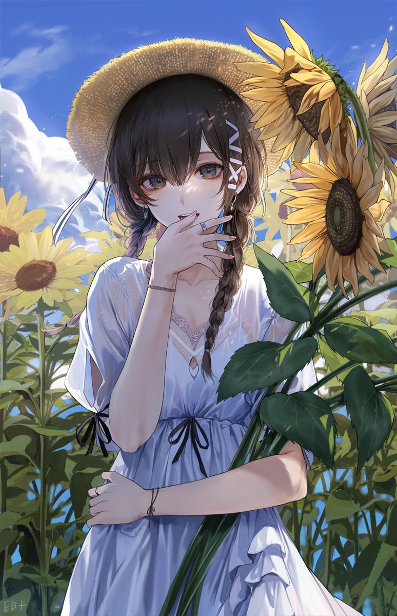 1girl sunflower flower dress white dress outdoors solo  illustration images