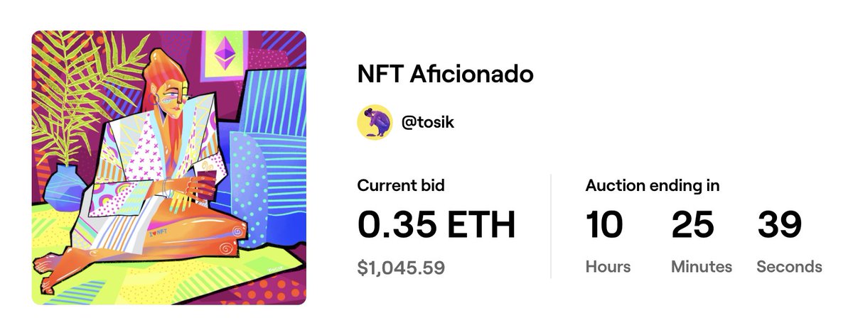 ✨10 hours still left till the end of an auction on my "NFT Aficionado" artwork on @withFND 🌐

👉 foundation.app/@tosik/nft-afi…

#nft #nfts #nftcollectors #nftcollector #NFTCommunity #withFND #NFTauction #nftart #Cryptoartists