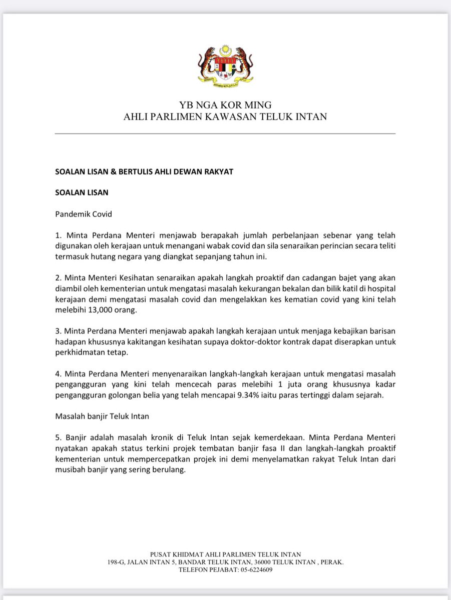 NgaKorMing's tweet photo. Sementara negara masih menunggu siapa Perdana Menteri baru, saya sudah siap melaksanakan tugas dan amanah rakyat mengemukakan soalan lisan & bertulis Parlimen utk dijawab oleh Kerajaan baru. #DemiRakyat #P076 @MYParlimen https://t.co/t0CKqcehq4