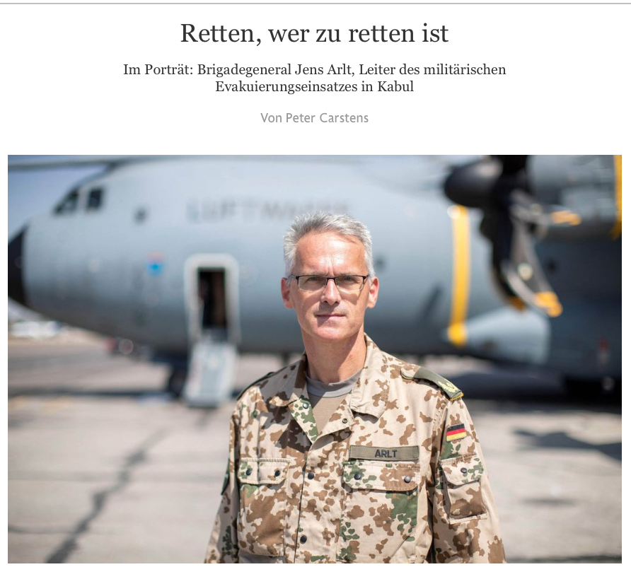 Heute in der <a href="/FAZ_Politik/">FAZ Politik</a> von Peter Carstens: Ein Gesicht zum Einsatz - Stellvertretend für alle  hervorragenden Kräfte unserer <a href="/Bw_Einsatz/">Bundeswehr im Einsatz</a> in🇦🇫 - Brigadegeneral Jens Arlt leitet den militärischen Evakuierungseinsatz in #Kabul.
Auf die <a href="/bundeswehrInfo/">Bundeswehr</a> ist Verlass! 💪