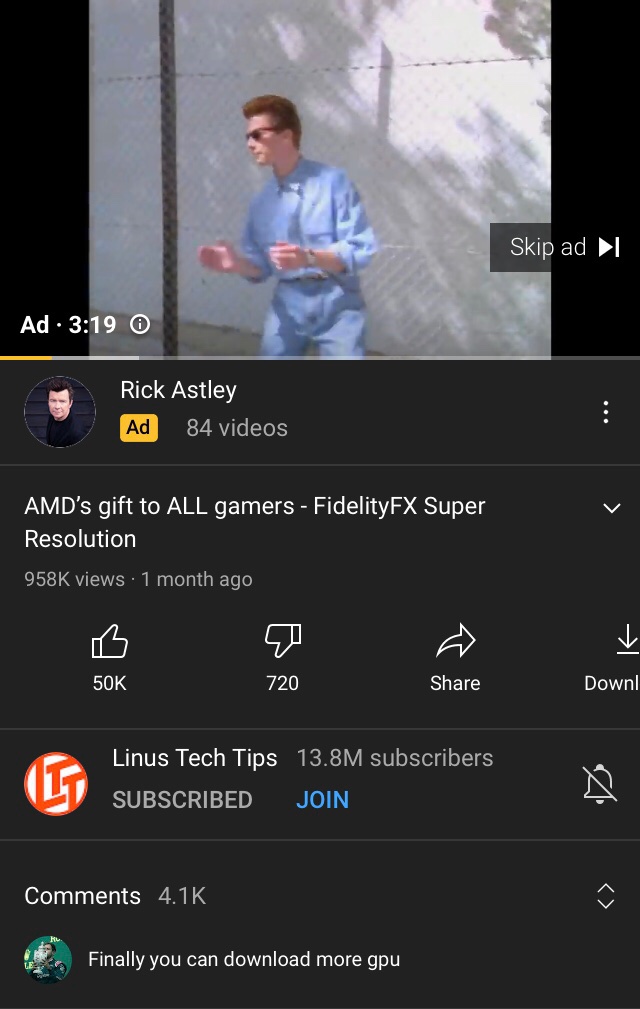 ThunderRaptor's tweet photo. I just got rick rolled on a LTT video what is going on https://t.co/gryl2RNRSi