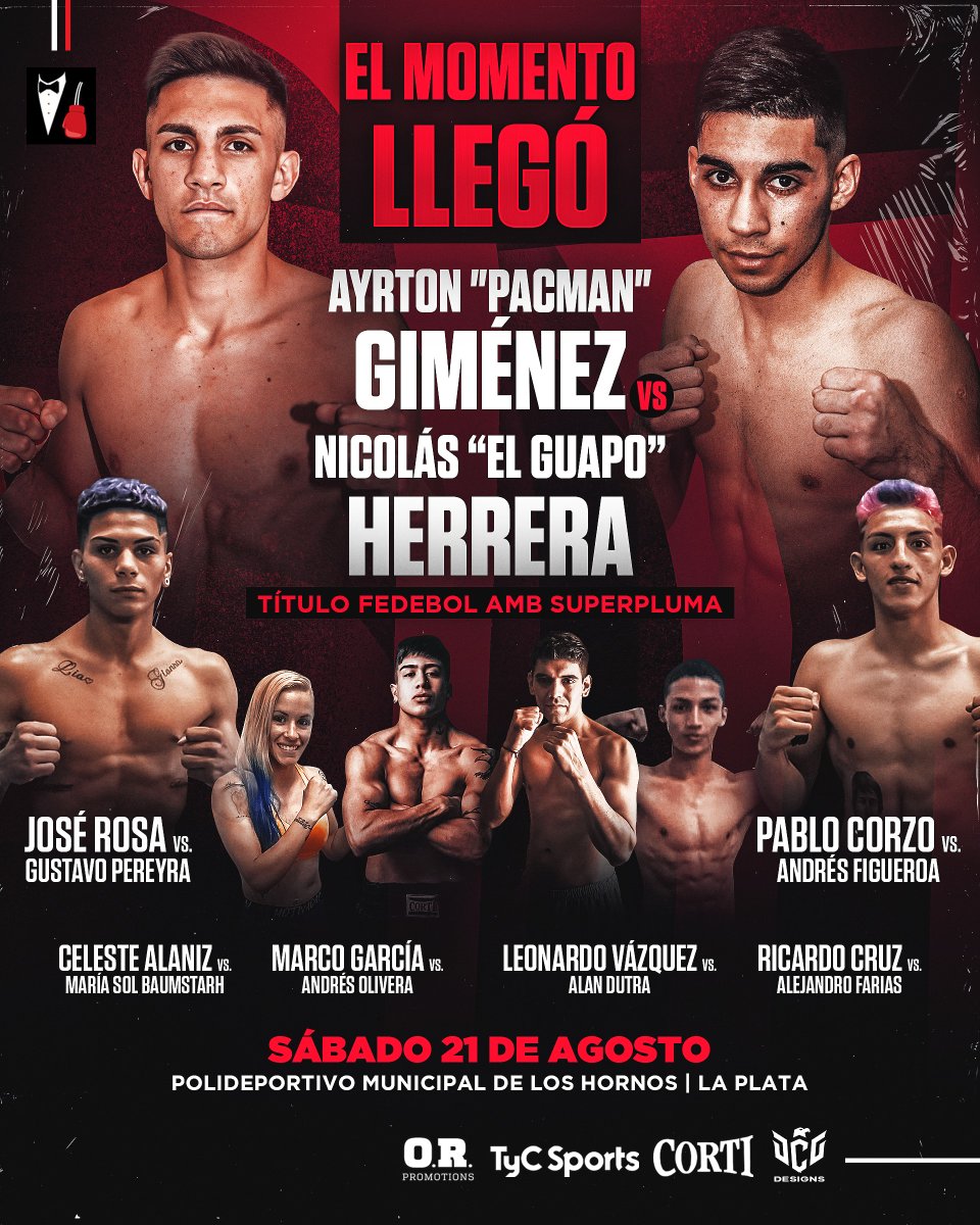DapArg's tweet photo. Ayrton Giménez vs. Nicolás Herrera por Fedebol AMB superpluma este sábado en La Plata | TyC Sports 23 h - https://t.co/R6ztv2OiIX
Además, las presentaciones de Celeste Alaniz, José "Sansón" Rosa y Pablo Corzo.
#boxeo #boxing #BoxeoDePrimera
@BoxeoDe Primera
#ORPromotions https://t.co/WRSwDCoGvV