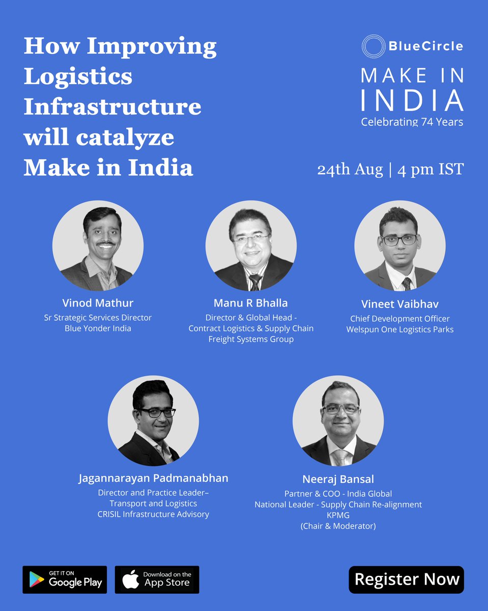 Join us on 24th August, 4 pm IST 

How Improving Logistics Infrastructure will catalyze Make in India

Manu R Bhalla,<a href="/FreightSystems/">Freight Systems</a>
Jagannarayan,@CRISILLimited
Vineet Vaibhav,<a href="/WelspunOne/">Welspun One</a>
<a href="/vinod_mathur/">Vinod Mathur</a>,<a href="/BlueYonder/">Blue Yonder</a>
<a href="/NeerajB_KPMG/">Neeraj Bansal</a>,<a href="/KPMGIndia/">KPMG India</a>

Register!
bit.ly/3y003jg