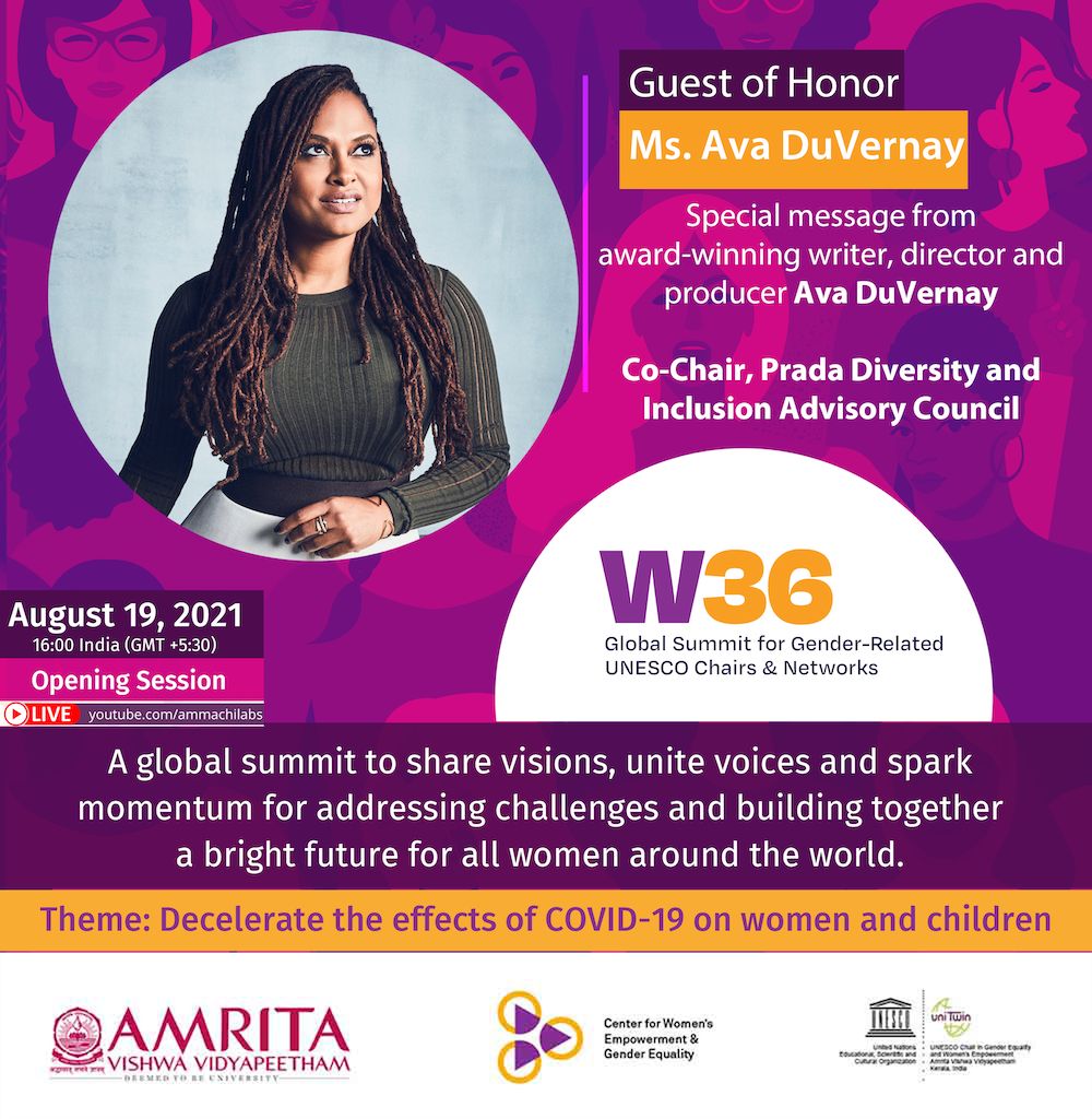 AMRITAedu's tweet photo. Join the #Global Summit for #Gender-Related UNESCO Chairs (W36) that states today at 4pm IST, addressing challenges and co-building a bright future for all #women across the globe. Guest of Honor, Ava DuVernay will deliver a special message
#LIVE today: https://t.co/K4bepuX1hq https://t.co/JCq4wUD6eR