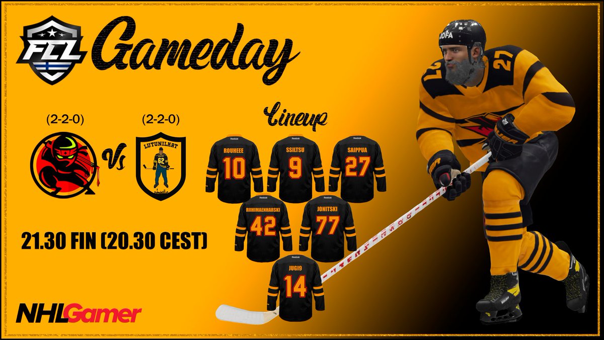 Gameday!🥳

Here we go again! Small adjustments in the lineup as ''Työmies'' <a href="/Saippua/">Peltsi</a> takes his place in the RW position. We are playing against media-sexy <a href="/Lutunilkat/">Lutunilkat</a> who are probably streaming the games tonight?😉

<a href="/NHLGamerCOM/">NHLGamer</a> <a href="/esm_gg/">eSM 2023</a> #FCL2021 #MukanaWilhelm #kouvolanlakritsi