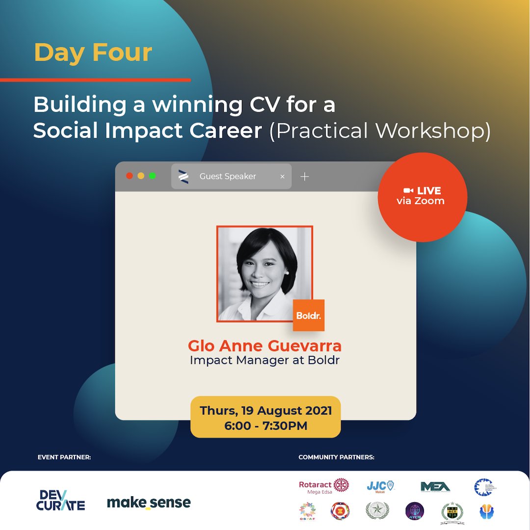 devcurate's tweet photo. Last day of Career Kickstarter's Social Impact Series! 💫

CV Building for a Career in Advocacy and Social Impact with Glo Anne Guevarra.

Happening today at 6PM UTC+8. Sign up here: https://t.co/KsGccR0zNw

#Devcurate #cvwriting #resumewriting #jobsearch #NGOJobs https://t.co/prjACsAQQ4