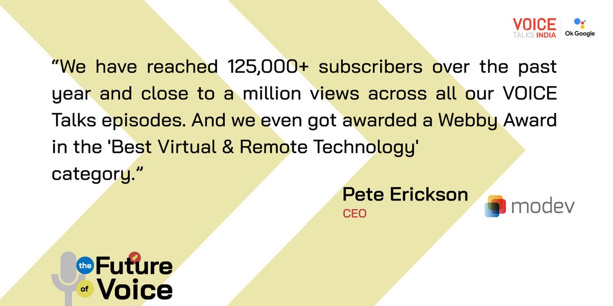 agrahyah's tweet image. Hear @peteerickson of @GoModev, share anecdotes on how #VOICETalks began, growing the community of voice &amp;amp; winning an award along the way, at #TheFutureOfVoice webinar.

Watch here: youtu.be/X4VlHcHQ1gY
.
.
#VOICETalksIndia