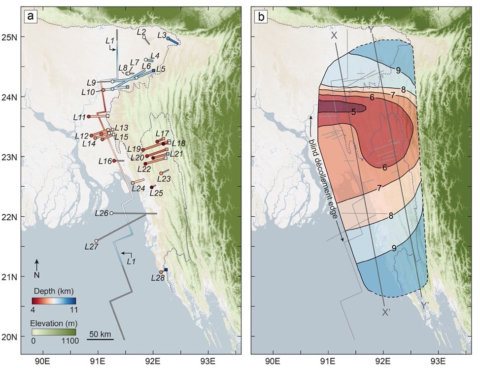 JudithGeology's tweet photo. A giant silent fault lies below #Bangladesh, accumulating strain. We went looking for it in old seismic reflection lines - and discovered that it's warped, thanks to tectonics &amp; rivers. Will this affect #earthquakes?

Blog: https://t.co/9X0zDekWW1

Paper: https://t.co/OB09dKy8jA https://t.co/qmqKouTllY