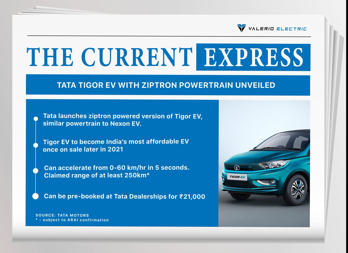 ValerioElectric's tweet photo. Tata Tigor EV with Ziptron Powertrain launched as India's most affordable EV! Here's everything you need to know about it. https://t.co/aoM5rvkuRM