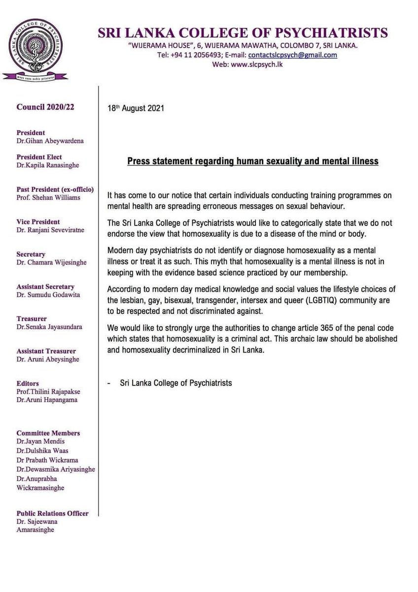 ShamirZavahir's tweet photo. Great to see the Sri Lanka College of Psychiatrists stand firm with the #LGBTQ community in light of recent events.Medical professionals coming forward with clarifications such as these are a vital part of getting past prejudices that are not based on science. #EqualityForAll https://t.co/7Y7XneJD46