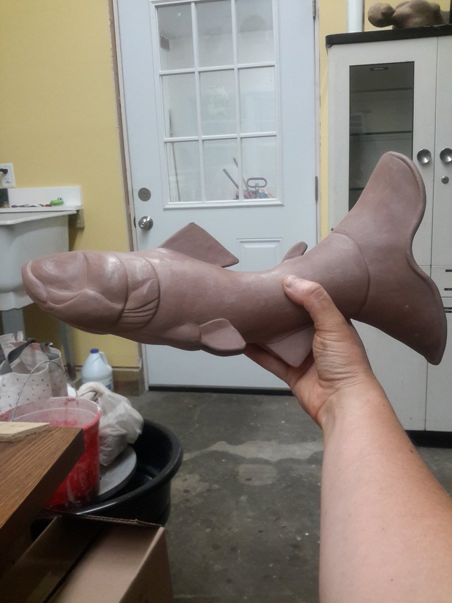 StasevichStudio's tweet photo. Fishy is coming along. If I can get the rest of his fins and eyeballs on before leaving for Iceland Friday, I feel like he'll be fine to sit until I get back #trout #fish #rhyton #sculpturalceramics #functionalsculpture #drinkingvessel https://t.co/mFFrqh1Qoh