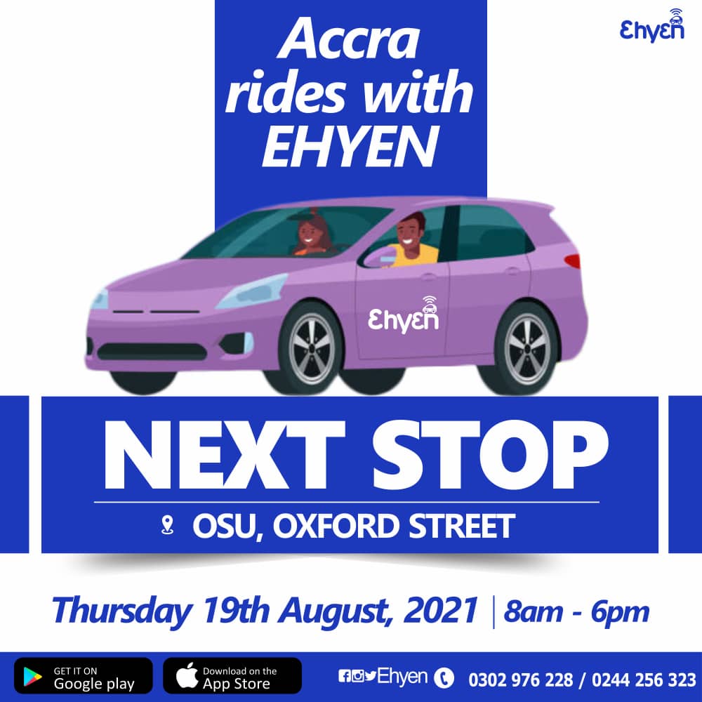 ehyen_ghana's tweet photo. Accra Rides With EHYEN Campaign

EHYEN is coming to Osu

Next Stop, Osu Oxford Street.
Thursday, 19th August,2021 
8am to 6 pm

Download EHYEN and enjoy Riding with Ghana's Pride 🇬🇭

#EHYEN, Right On Time.🚘🚘🚘 https://t.co/guw1IEYsUp