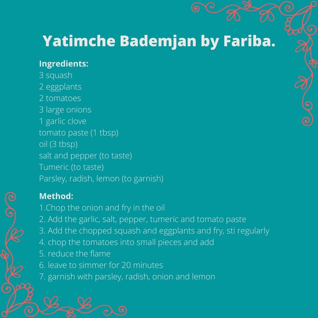 RefugeeCafe's tweet photo. Check out our chef Fariba’s recipe for Yatimche Bademjan, a traditional popular Persian eggplant dish. Our mouths are watering already - who’s up for giving this a try? #RecipeThursday #TastyThursday #MadeByRefugees https://t.co/Y7EQQsJaNh