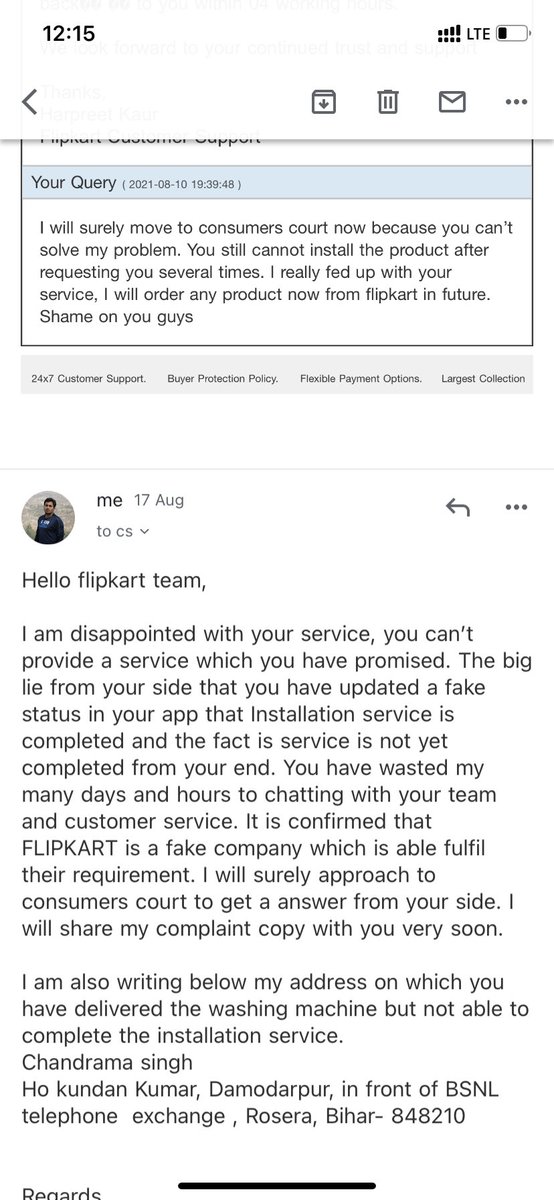 Gaurav86688's tweet photo. @flipkartsupport I have ordered washing machine frm #Flipkart and machine got delivered on 28 jul but installation are still pending and in app fake updated that it’s successful.I am spending 3 hr a day to complaint but no solution. Consumers court is way for mental this torture. https://t.co/vXXtTsE9qC