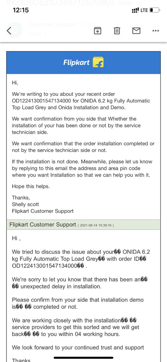 Gaurav86688's tweet photo. @flipkartsupport I have ordered washing machine frm #Flipkart and machine got delivered on 28 jul but installation are still pending and in app fake updated that it’s successful.I am spending 3 hr a day to complaint but no solution. Consumers court is way for mental this torture. https://t.co/vXXtTsE9qC