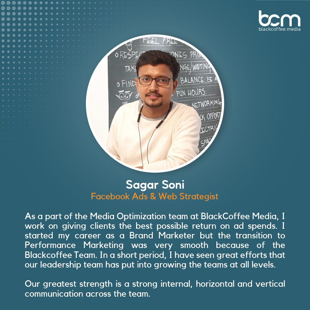 Blackcoffemedia's tweet photo. Introducing our Facebook Ads champion Sagar, leaving us all and the clients speechless with his experiments to increase ROAS that always seem to work 

#lifeatbcm #digitalmarketingagency #agencylife #blackcoffeemedia #teamfeature #team #mediaoptimization https://t.co/wUDHSttvDF