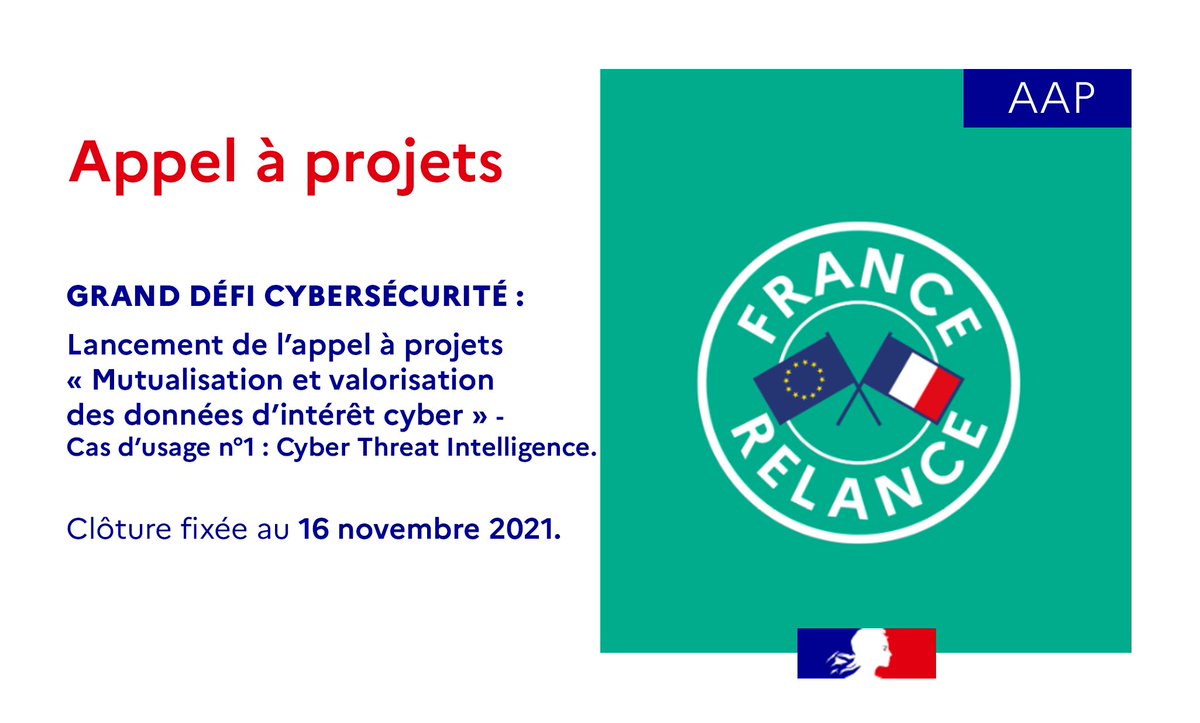 DGEntreprises's tweet image. #FranceRelance | Grand Défi #cybersécurité : participez l&apos;appel à projets « Mutualisation et valorisation des données d’intérêt cyber » - Cas d’usage n°1 : Cyber Threat Intelligence
🗓️ Candidatez jusqu&apos;au 16 novembre 2021
ℹ️👉  bit.ly/2Vm4ffP