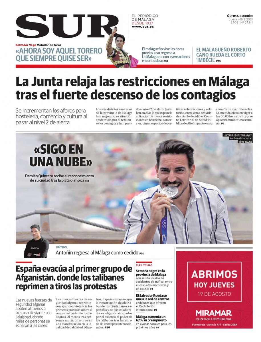 DiarioSUR's tweet photo. 📰 Buenos días. Hoy, #portadaSUR destaca que la Junta relaja las restricciones en #Málaga tras el fuerte descenso de los contagios https://t.co/KmQxpz9KTE https://t.co/AX5Inhg4rB